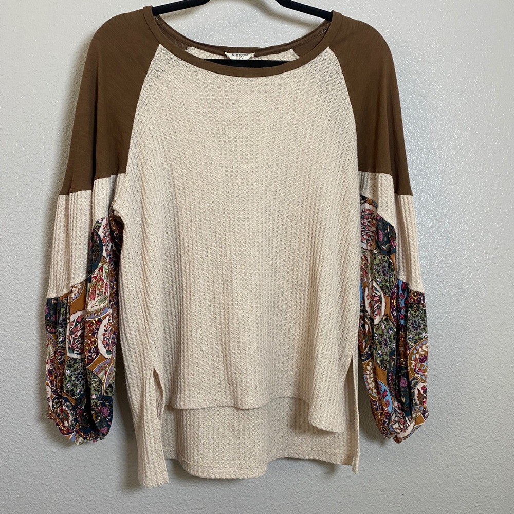 Umgee Patchwork Balloon Sleeve Top Small Waffle Knit Autumn Fall Bohemian Boho